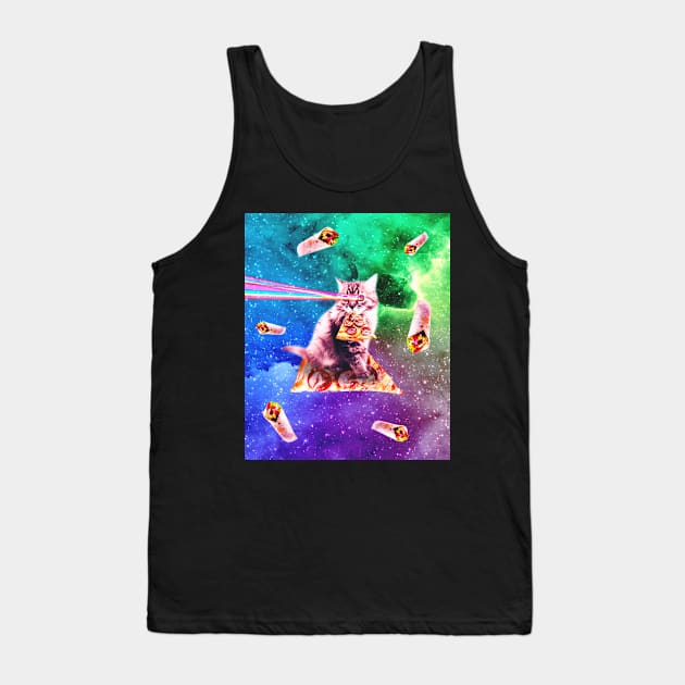 Space Cat Eating Pizza - Rainbow Laser Eyes, Burrito Tank Top by Random Galaxy